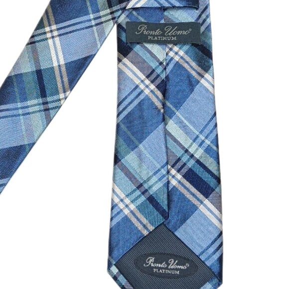 Pronto Uomo Silk Tie Men’s 60” Blue Gray Plaid Western Preppy Corpcore Classic - Picture 4 of 4